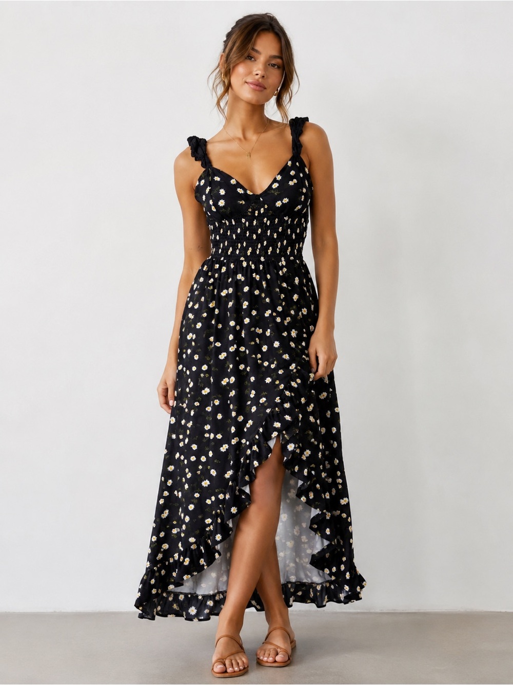 Vine and Valley Black Daisy Smocked High-Low Maxi Dress Large